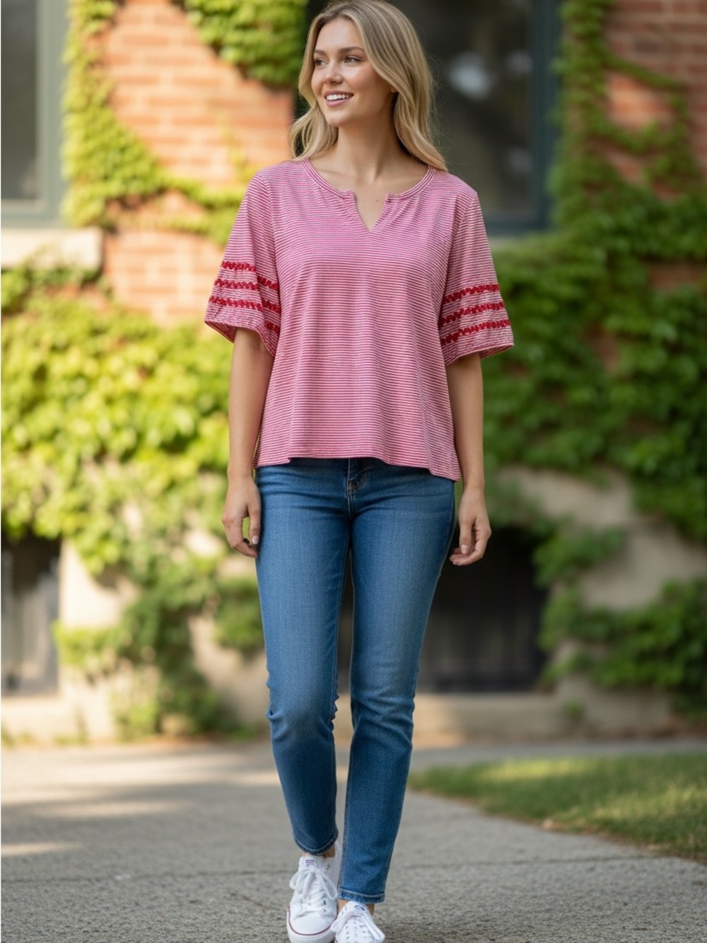 Talbots Red and White Striped 3/4 length sleeveTop with Sleeve Trim